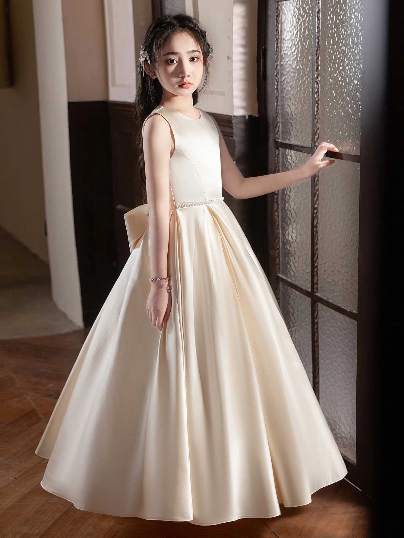 Highend Elegant Champagne Long Dress Large Bow Design for Teenagers Formal Occasions Birthday Party Wedding Bridesmaid Dress Z250926