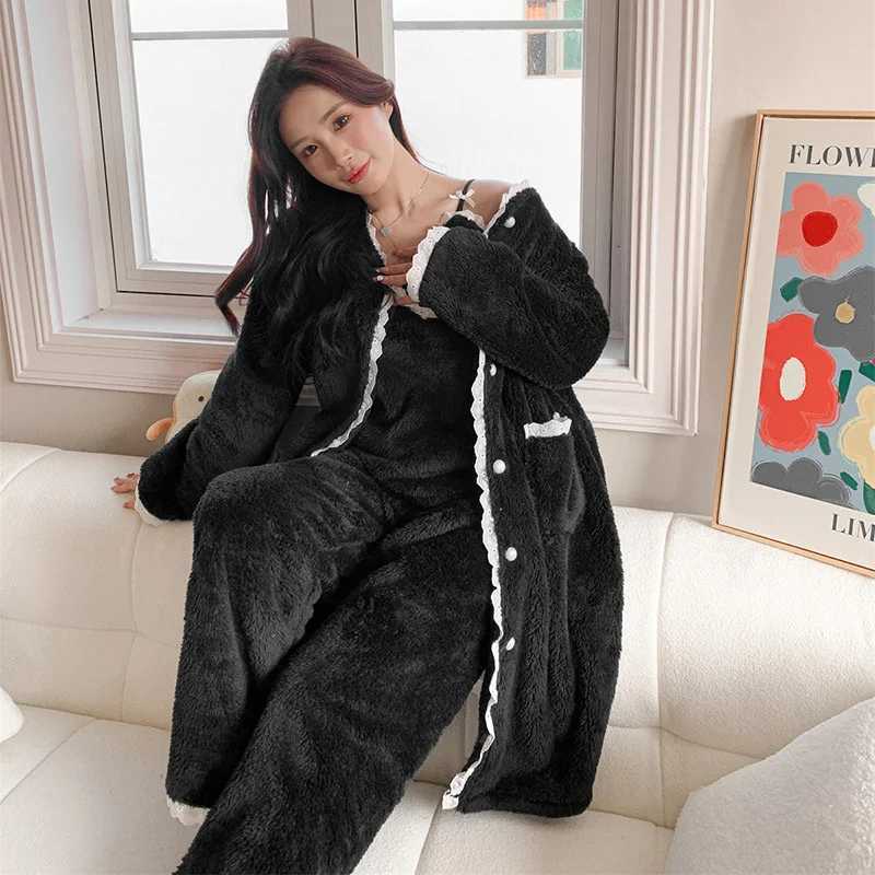 Winter Warm Coral Fleece 3PCS Pajamas Set Women Flannel Long Sleeve Top Trouser Sleep Suit Casual Home Clothes Z250925