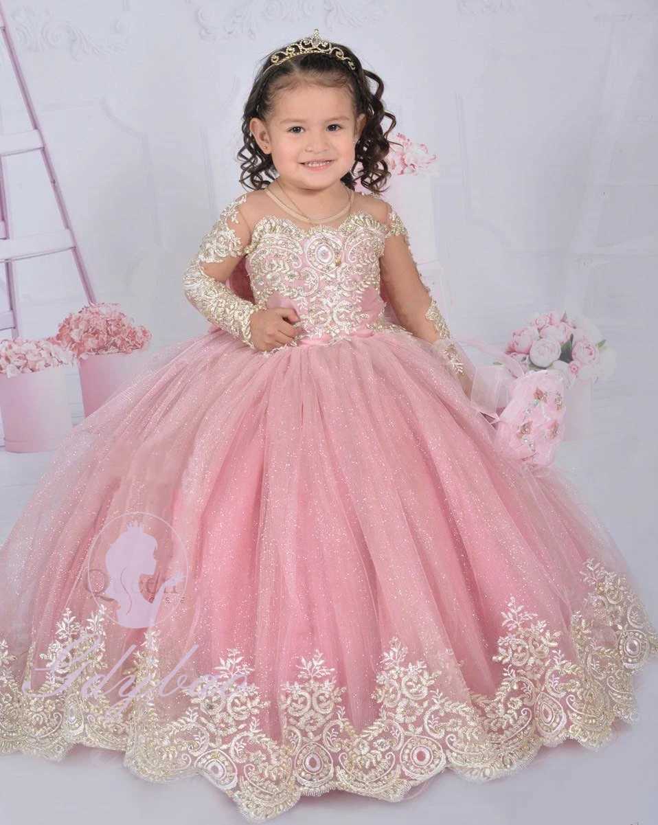 Customized Pink Flower Girl Dresses For Wedding Gold Appliques Floor Length Kids Birthday Party First Communion Gown Z250926