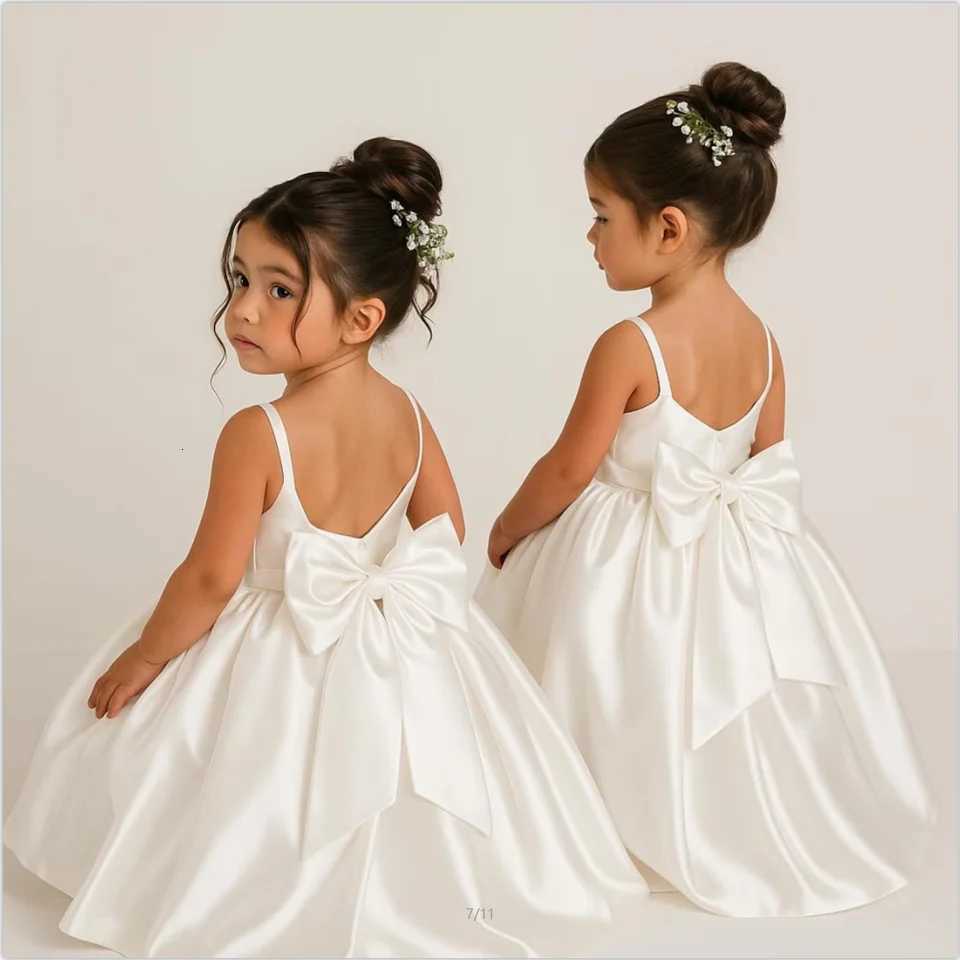 Long Ivory Satin Flower Girl Dresses for Wedding Bow Party Birthday Princess Dress Junior Bridesmaid First Holy Communion Gowns Z250926
