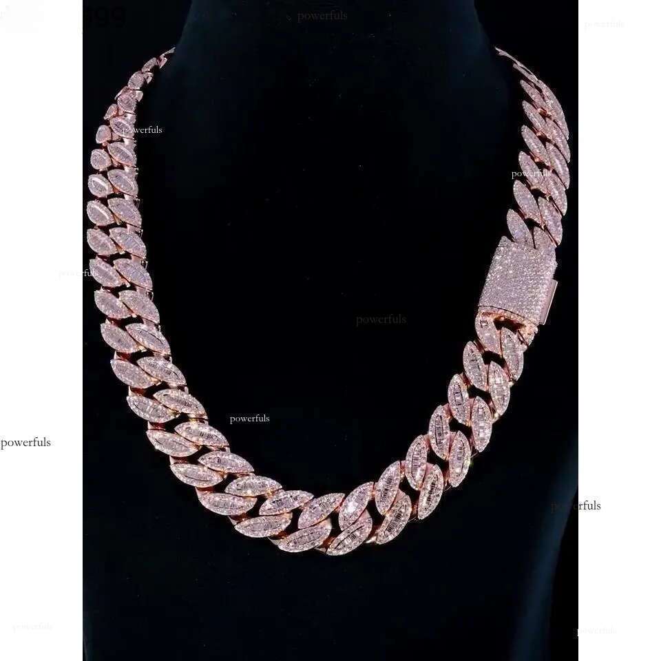 18mm Cuban Link Chain Iced Out Necklace with Baguette Round Cut VVS Moissanite Dia Tester Approved
