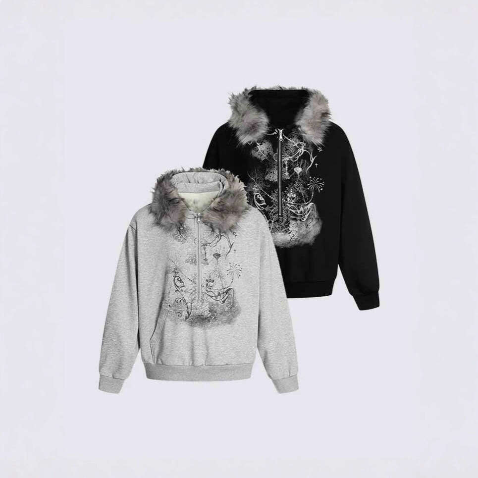 New Dark Striped Pattern Printed Fur Collar Hot Girl Trendy Zipper Cardigan Sweatshirt