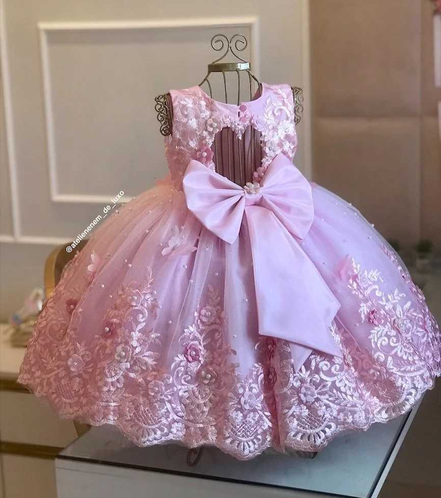 White Green Flower Girl Dress For Wedding Applique Tulle Short Sleeve Pearl Princess Kids Birthday First Communion Ball Gown Z250926