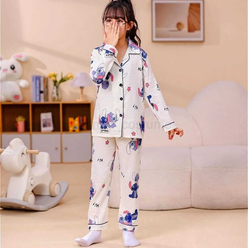 Disney LiloStitch Long Sleeved Pajamas Set Anime Cartoon Characters Stitch Printed Accessories Kawaii Childrens Home Clothing H250926