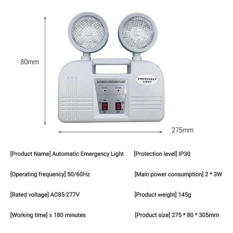 Double Headed Emergency Light LED Charging Emergency Lamp IP30 Fire Exit Indicator Light 3 Hour Emergency Lighting AC85265V C250925