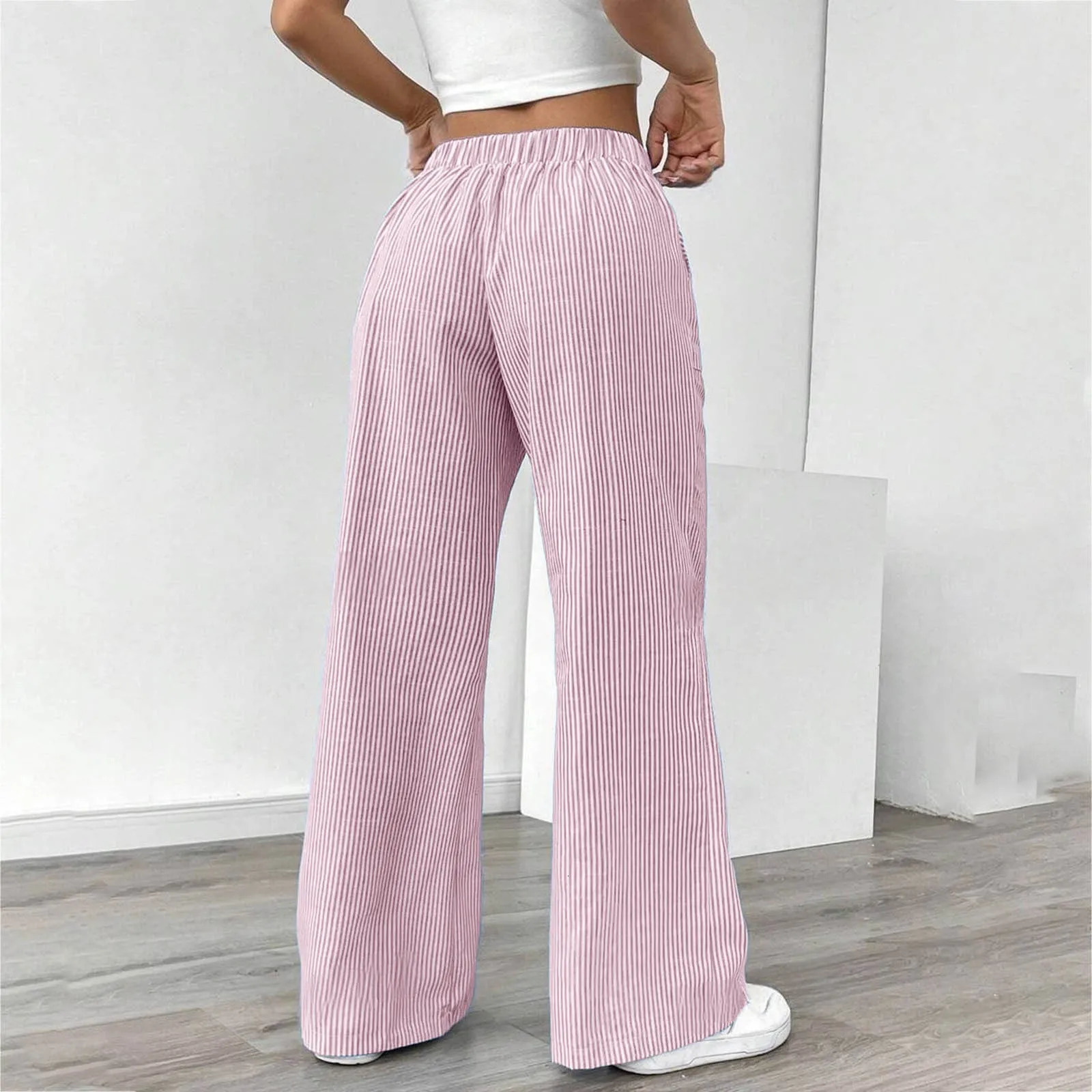 womens fashion Linen Straight Pants Drawstring Elastic high Waist Wide Leg Pants Vertical stripes print Trousers With Pockets250922