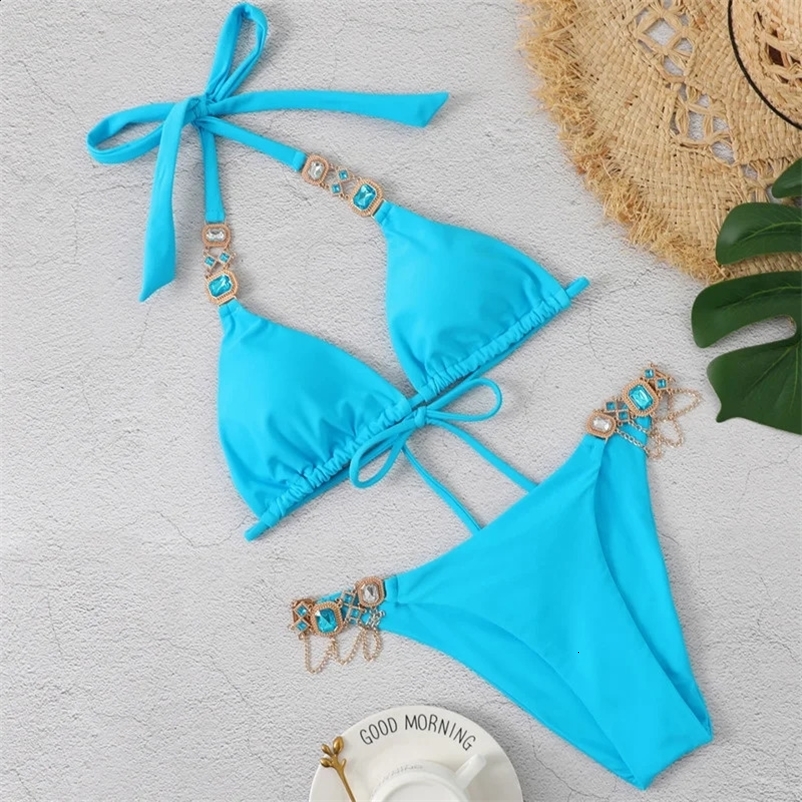 Sexy Womens Swimsuit With Rhinestones Solid Bikinis Female Swimwear Push Up Bikini Beachwear Swimming Bathing Suit Bather 240822