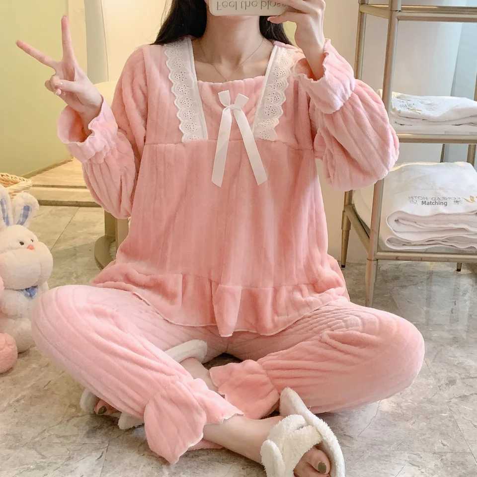 New Autumnwinter Flannel Ribbed Womens Sweet Cute Princess Style Solid Color Floral Edge Thickened Home Clothes Suit Z250925