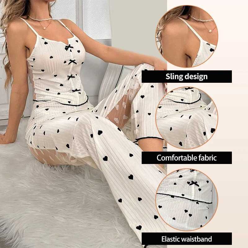 2Piece Womens Sexy Transparent Mesh Lace Set with Ribbed Printed Strap Top and Pants Home Clothes Pajama Set Z250925
