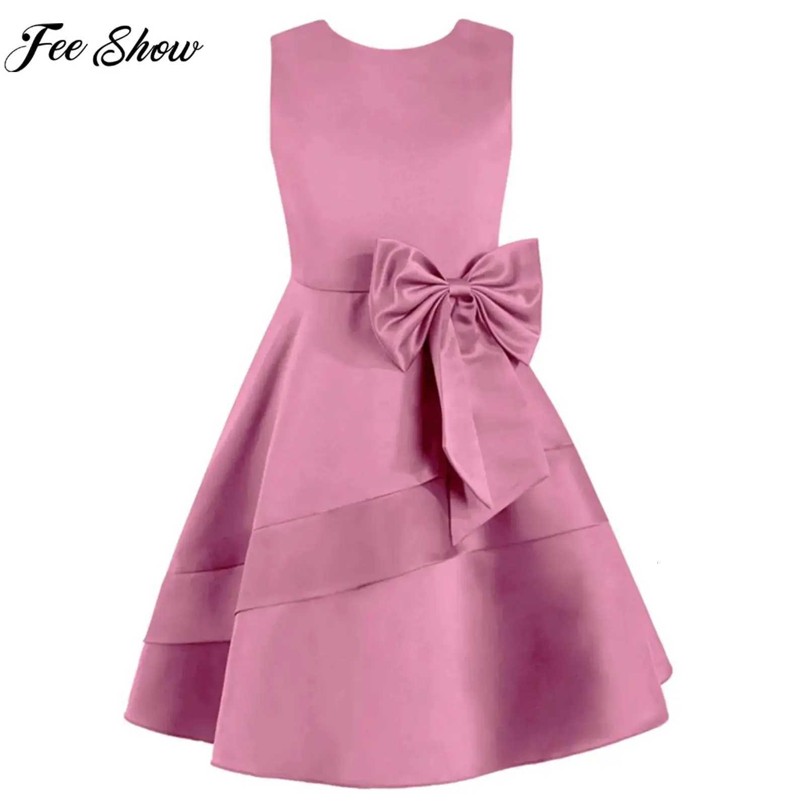 Girls Summer Sleeveless Princess Dress Elegant Satin Wedding Bridesmaid Party Dress Big Bowknot Aline Tutu for Birthday Evening Z250926