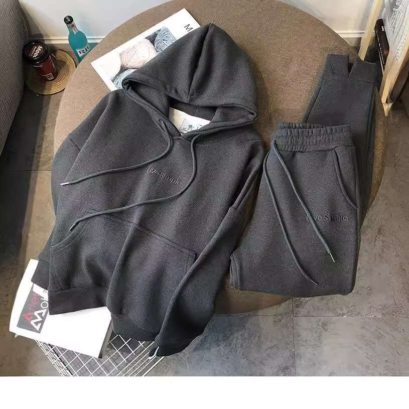 2025 Autumn Winter Fleece Lined Loose Hoodie Sweatshirt Jogger Pants Sports Casual Two-Piece Set Women