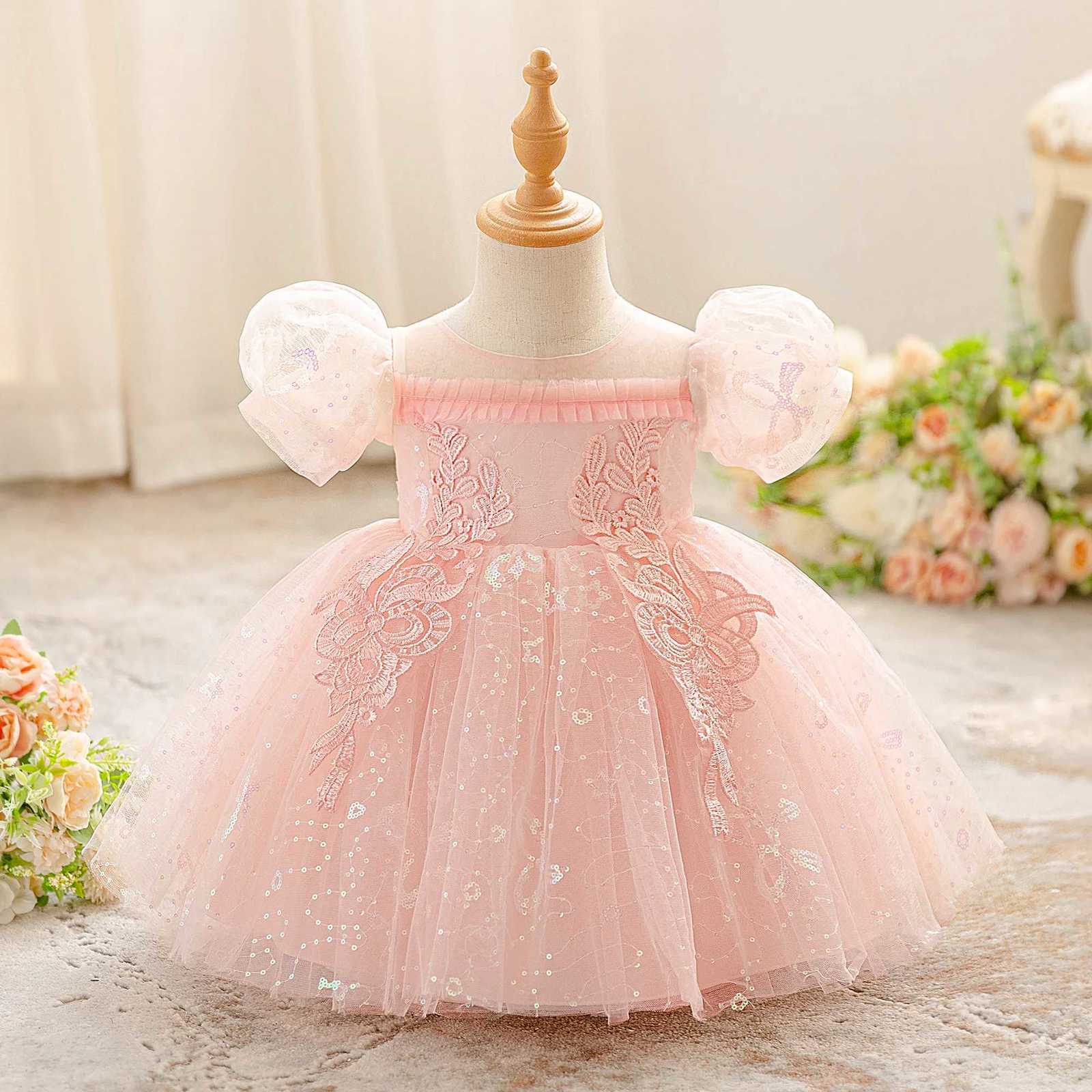 Elegant Sequin Party Baby Girl Dress Toddler Tulle 1st Birthday Princess Dresses for Kids Pink Bow Wedding Bridesmaids Prom Gown Z250926