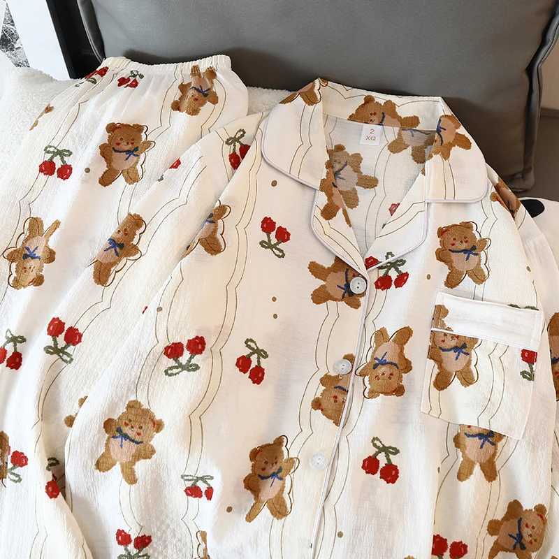 Cartoon Cherry Bear Kawaii Womens Pajamas Harajuku Cute Y2K Pajamas for Women Long Sleeve Top Elastic Waist Pants Sleepwear Z250925