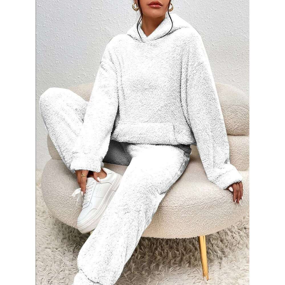 Cross-Border Autumn Winter New European and American Casual Women's Clothing Solid Color Plush Hooded Sleeve Long Pants Set for Women