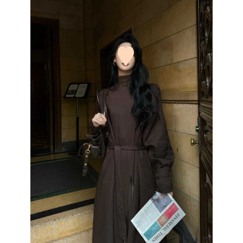 Hepburn Sle HighEnd Long Coat Elegant Tie Waist Brown Trench Coat for Women W250926