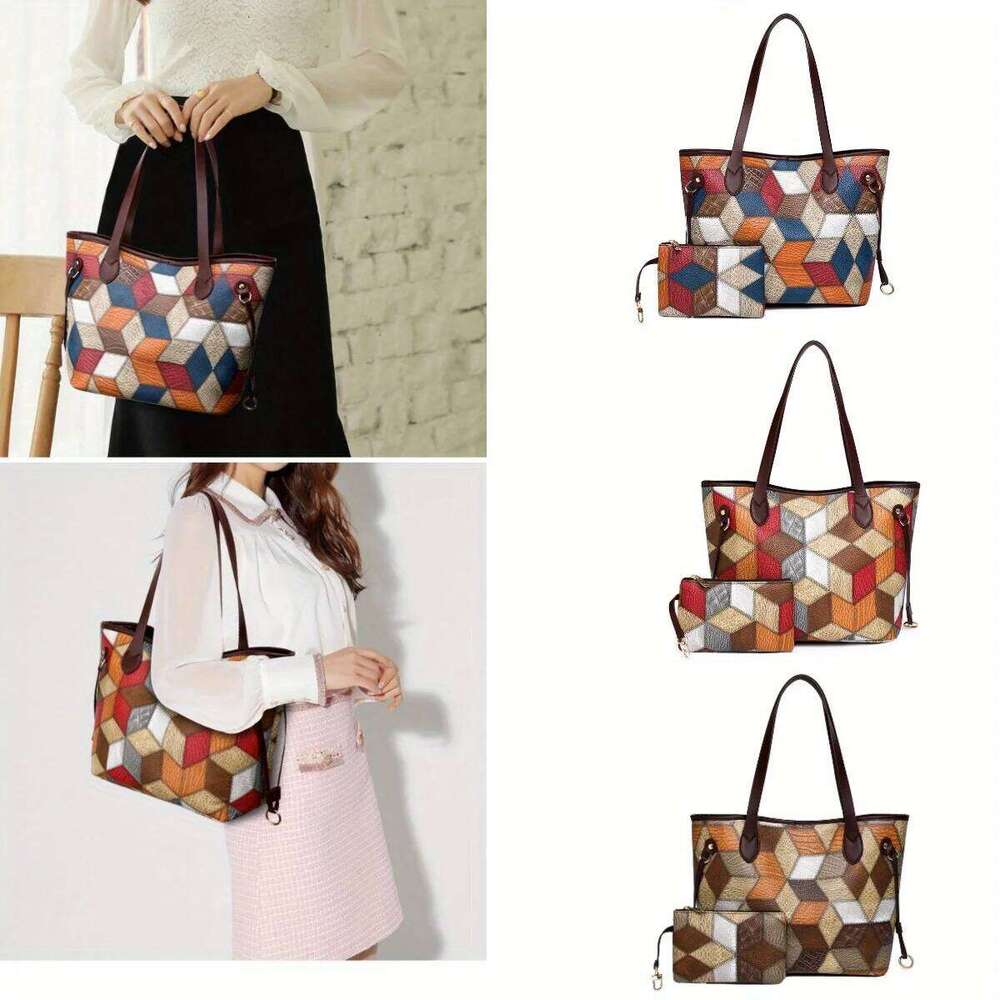 Ladies' Leather Patchwork Tote Contrasting Color Handbag Large Capacity Mother And Child Bag