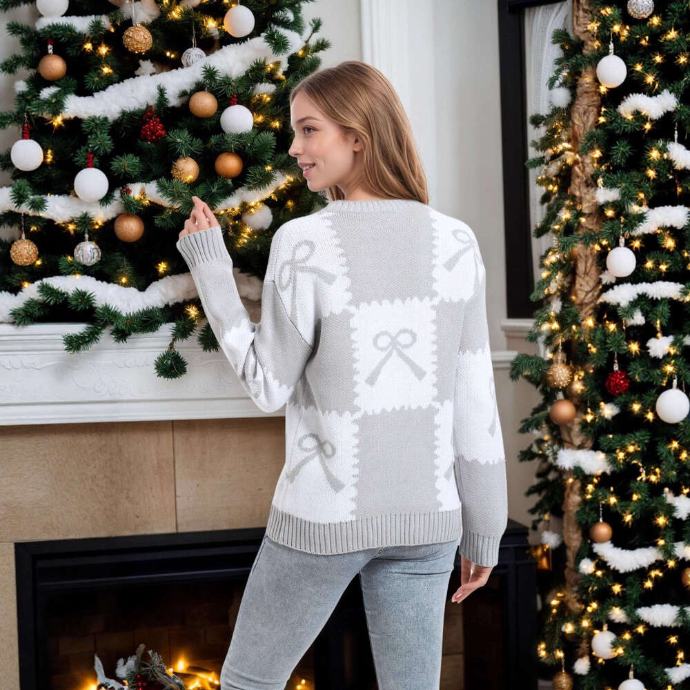 Autumn Winter New Christmas Women's Loose Knitted Sweater Checkered Bow Color-Block Pullover Top