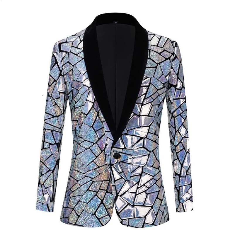 Glitter Silver Laser Mirror Blazer Coat Male Bar Nightclub Singer Stage Performance Sequin Suit Jacket Banquet Party Tuxedo 240805