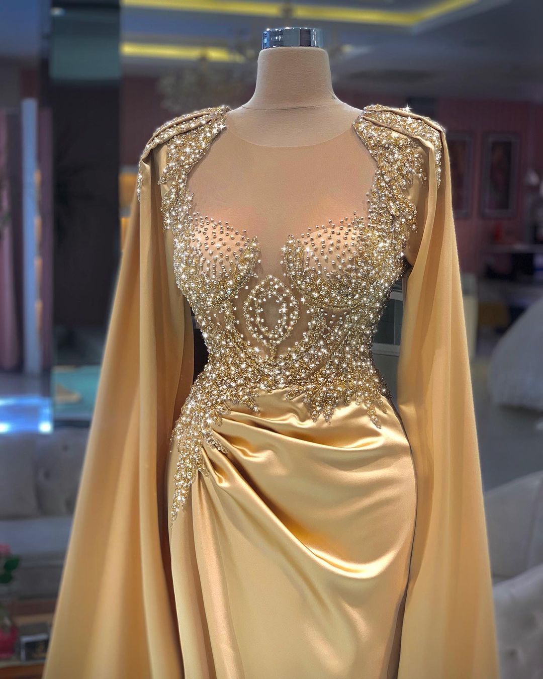 Gold Champagne Arabic Aso Ebi Prom Dresses with Cape Sleeve Jewel Neck Satin Beaded Mermaid Evening Gown Vestidos De Fiesta 9P26