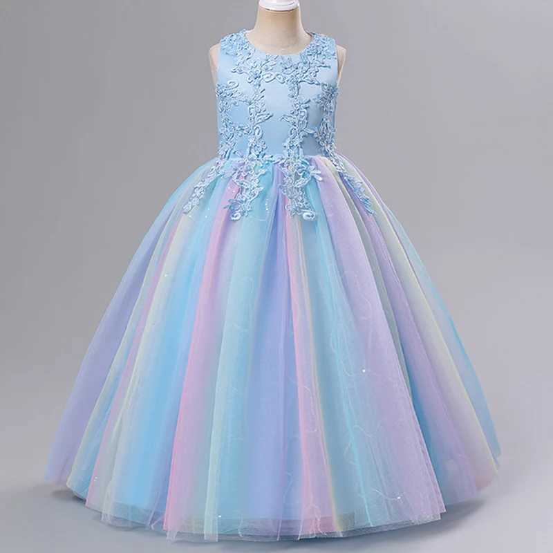 Girl Princess Birthday Party Unicorn Splice Colorful Long Dress Formal Eucharist Party Prom Show Embroidery Beaded Dress Girl Z250926