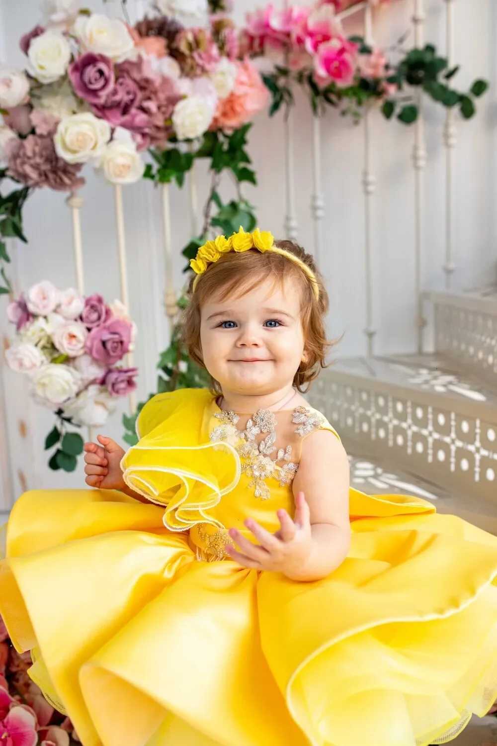 Lovely Yellow Flower Girl Dress Baby First Communion Gowns Wedding Thin Length Bow Belt Kids Birthday Gift Ball Party Clothing Z250926