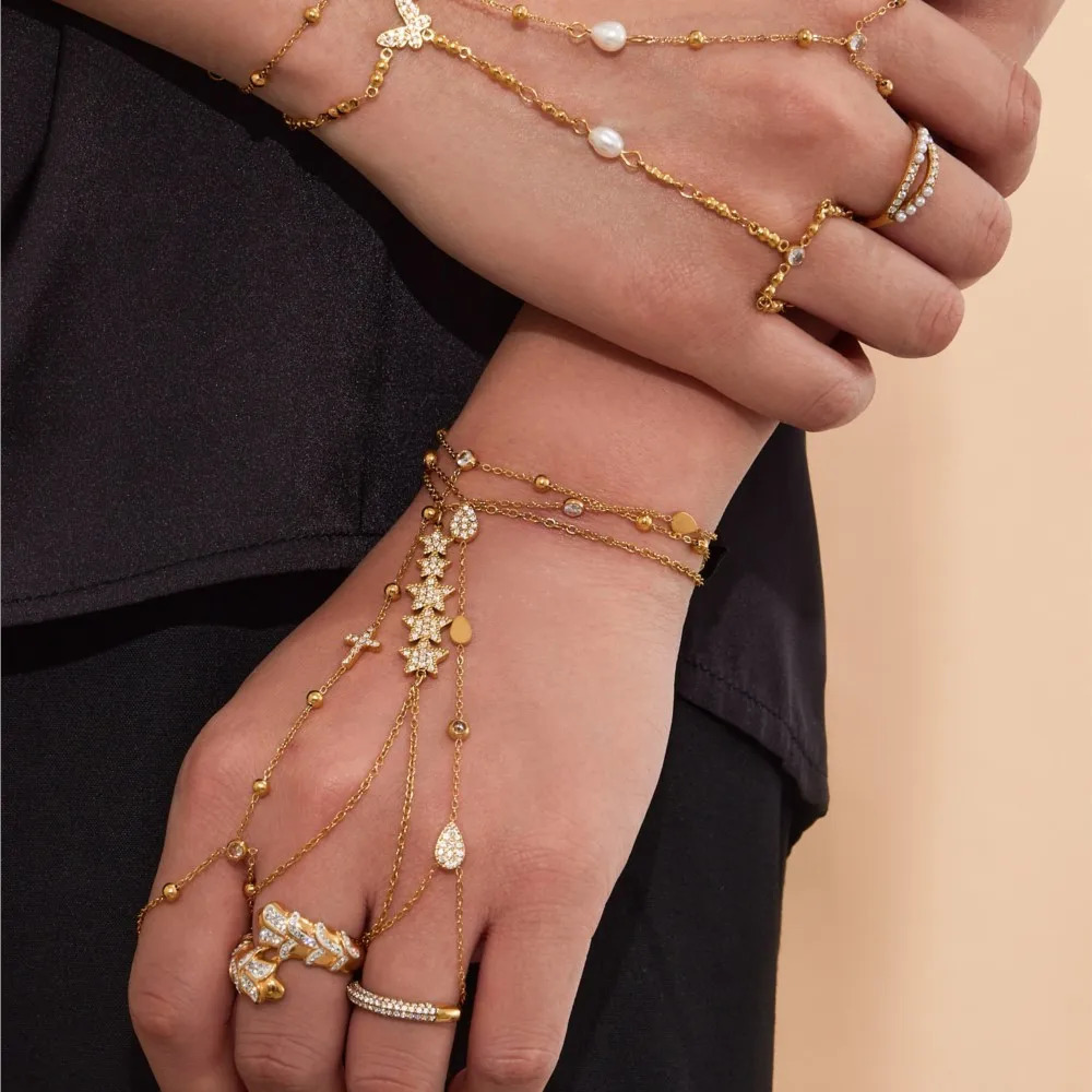 Dainty Hand Chain Bracelet In Stainless Steel 18k Gold Plated With Cubic Zirconia Shiny Zircon Handchain Bracelets For Women 250922