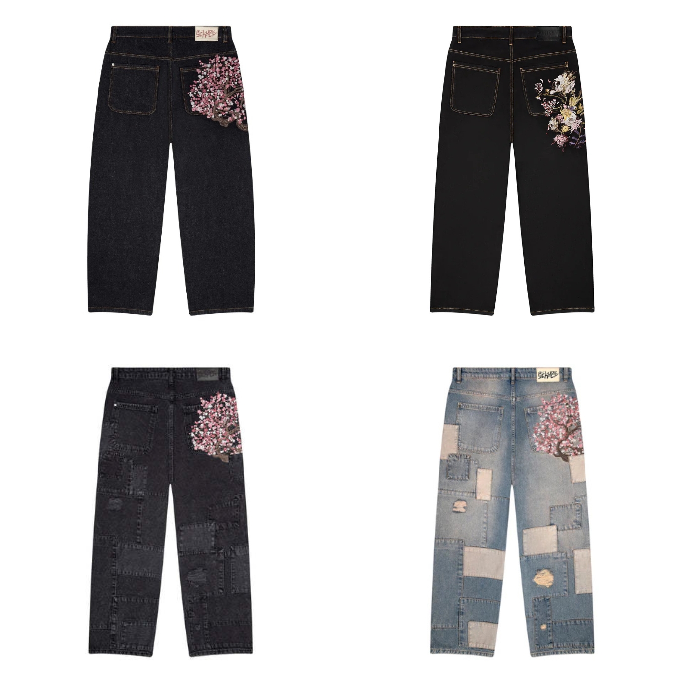 Men's Jeans Derschutze Patchwork Cherry Blossom Embroidery Denim Pants Y2k Vintage Women Baggy Straight Wide Leg Street Men Clothes