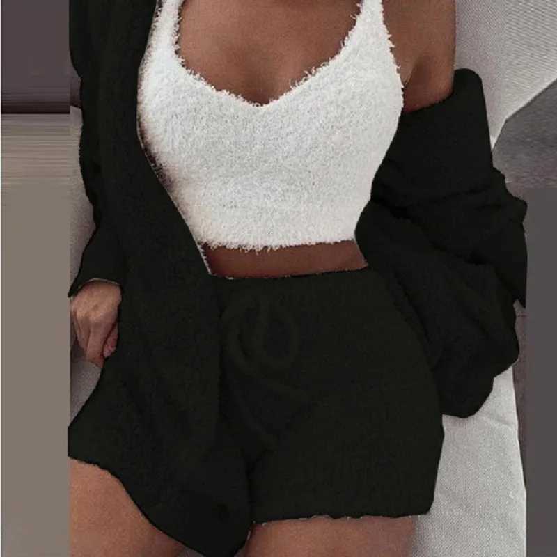 3PCSSet Thickened Warm Sleepwear Winter Women Long Plush LongSleeved Revealing Vest Shorts Student Homewear Solid Fashion Z250925