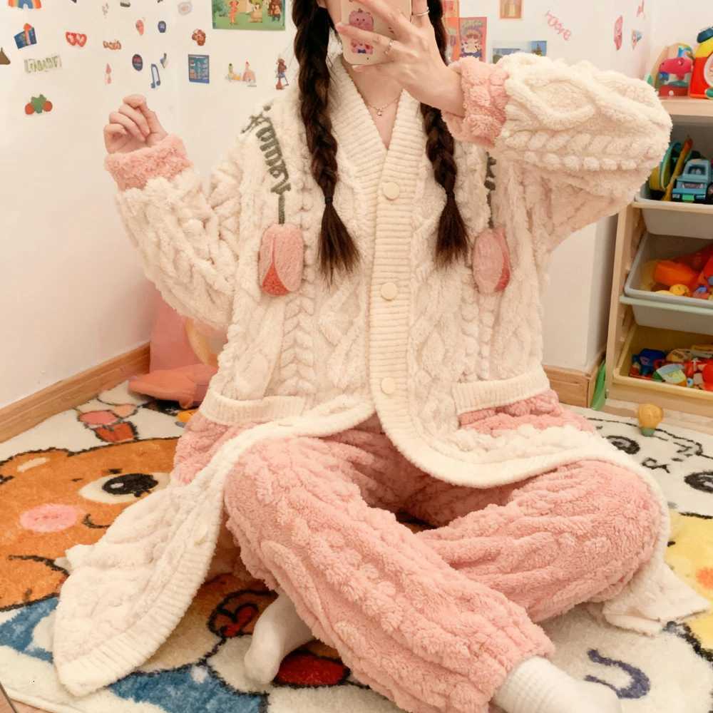 Girls Plus Size Robes With Pants Flannel Sleepwear Womens MidLength Home Clothes Flower Warm Style Autumn Winter Loungewear Z250925