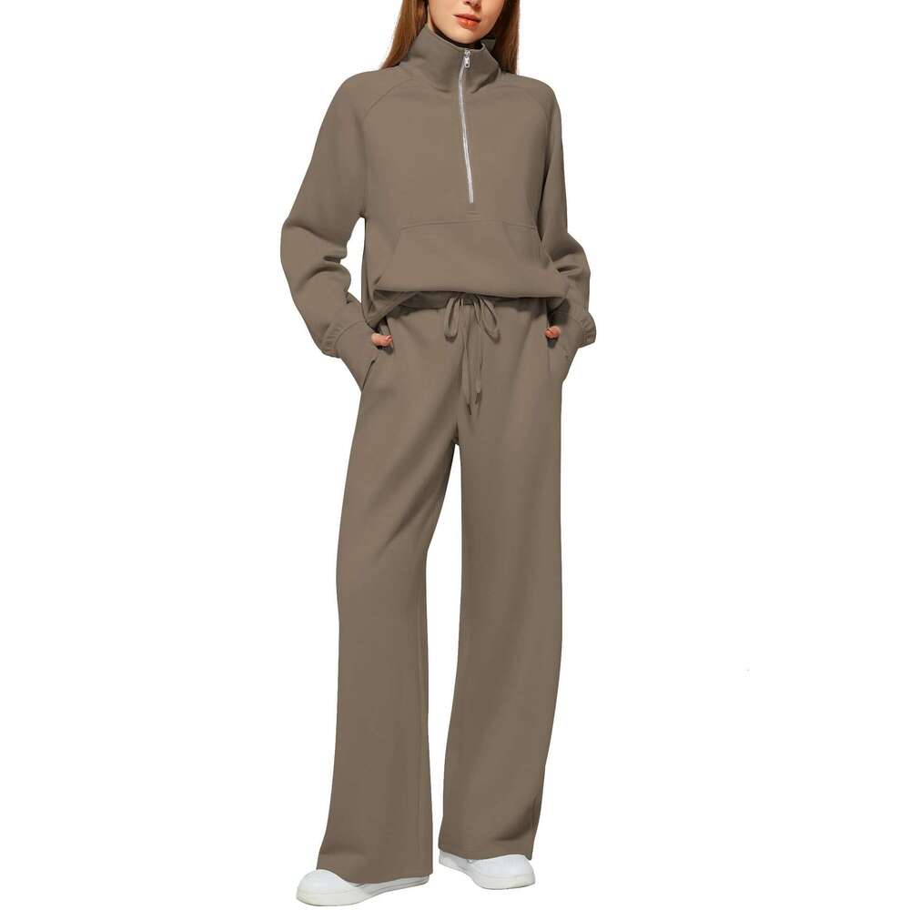 2025 European and American Style Women's Two-Piece Oversized Half-Zip Sweatshirt Wide-Leg Sweatpants Casual Set