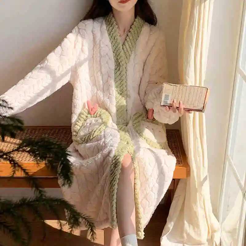 Warm Nightgown Flannel Robe Warm Bathrobe Womens Long Sleeve Pajamas Long Robes Thick Loungewear Flower Coral Fleece Cardigan Z250925