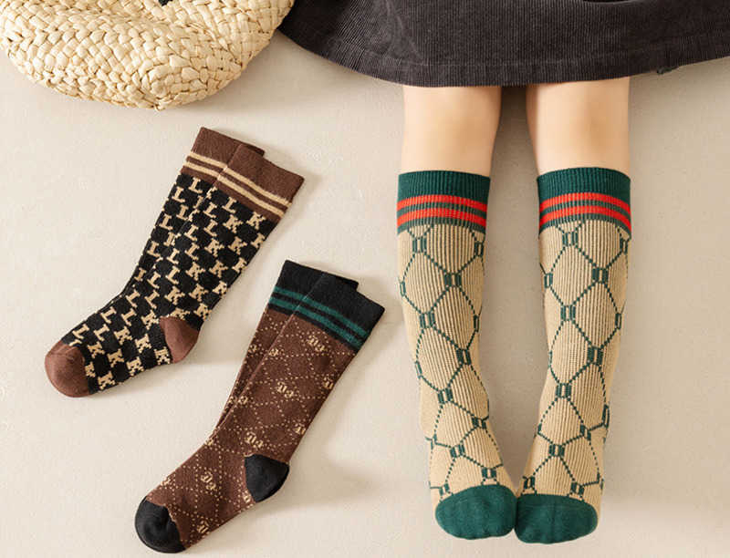 Trendy Childrens Socks Long Tube Plaid Letter Double Needle Double Road Boys and Girls Baby Socks for Older Children Y250926