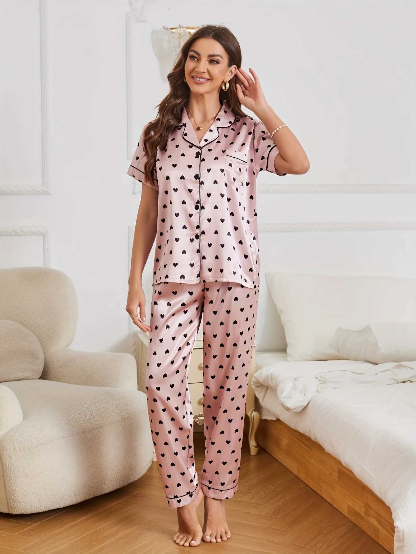 Heart Print Satin Pajama Set Casual Short Sleeve Buttons Lapel Top Elastic Pants Womens Sleepwear Z250925