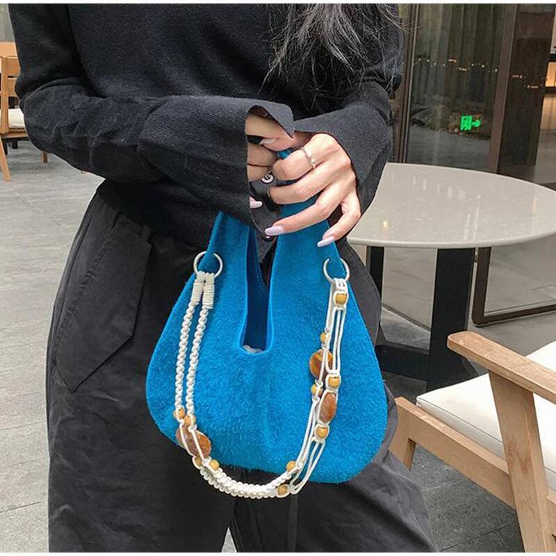 Brand Frosted Leather Handbag, Creative Beaded Strap Crossbody High-end Women's Shoulder Bag, Retro Wrist Bag Purse high-quality