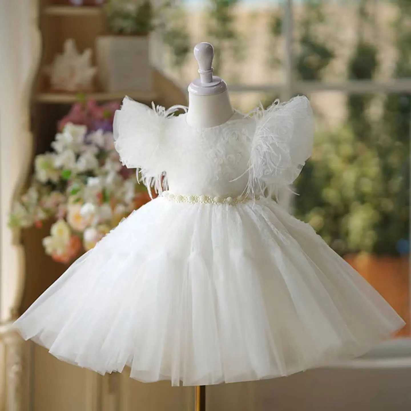 Jill J450 Elegant White Feathers Flower Girl Dress Puffy Sleeve Kids Princess Birthday Wedding Party Children Holiday Gown Z250926