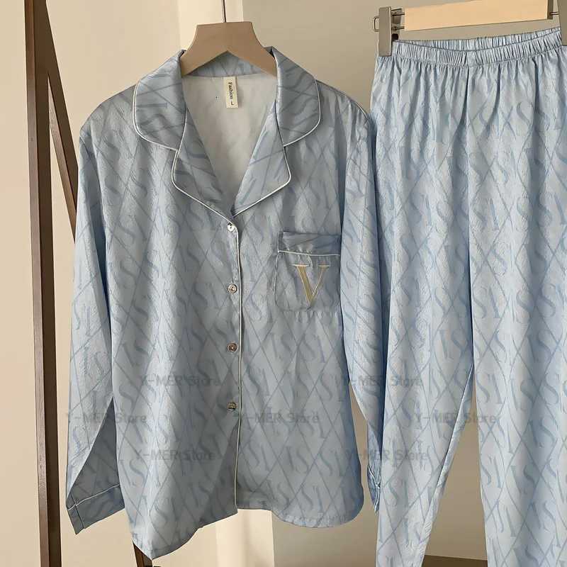 Green Print Pajamas Set Long Sleeve Sleepwear Women Luxury Rayon Home Clothes V Letter Loungewear Pijama Mujer 2Pcs Nightwear Z250925