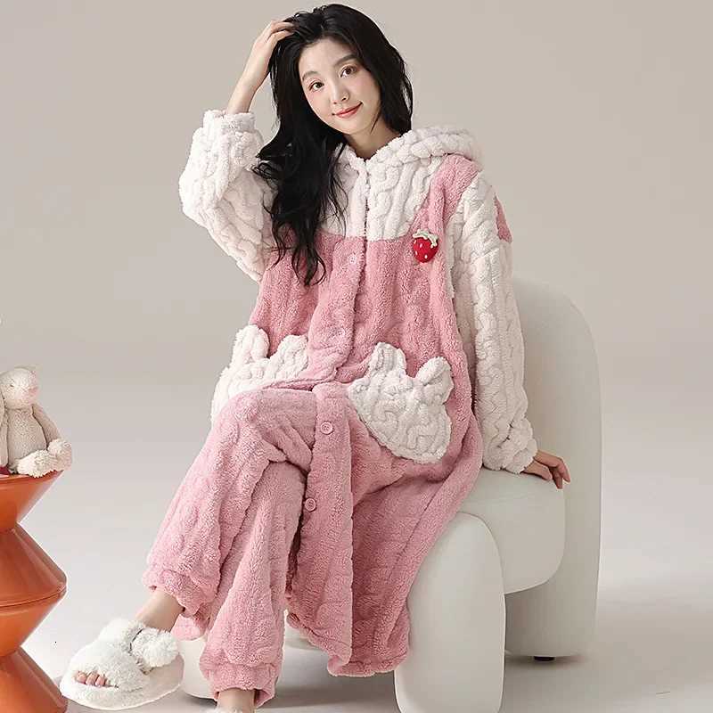 2024 New Coral FleeceLined Thickened Hooded Robe Womens Cute Autumn Winter Home Clothes Suit Comfortable Sleepwear Pants Set Z250925