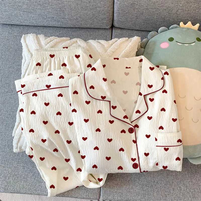Spring and Autumn New Womens Pajamas Loungewear Set Girl Love Cardigan Pajamas Crinkled Fabric Loungewear Long Sleeve Set Z250925