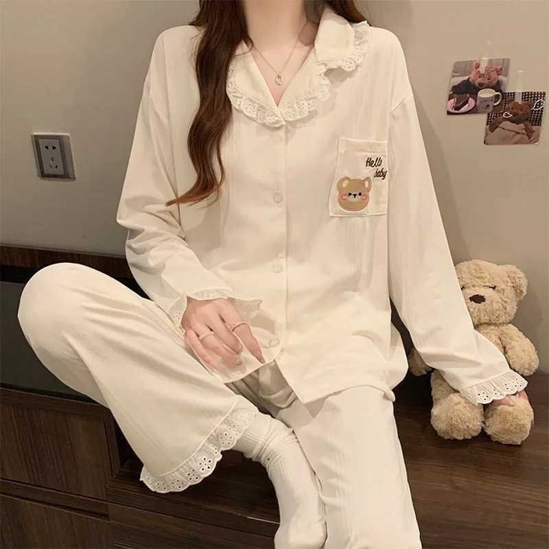 Women Spring Pajamas Set Korean Loose Sleepwear Long Sleeve Lace Lapel Sweet Cartoon Bear Homewear Female Casual Loungewear Z250925