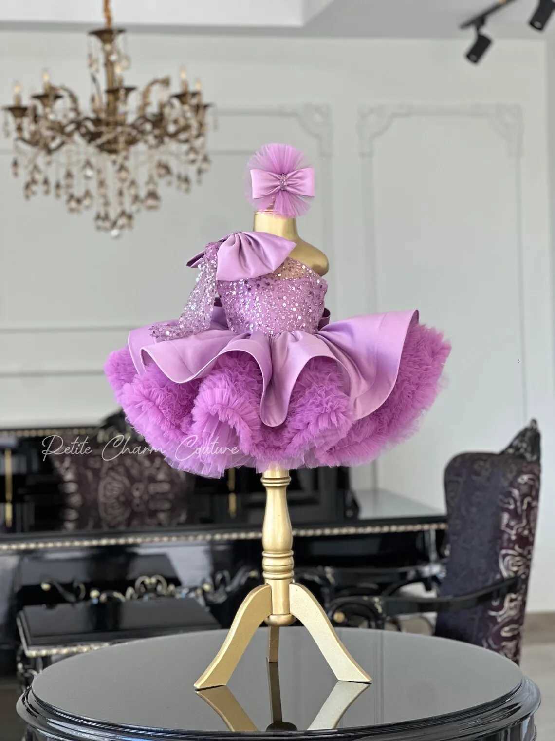 Puffy Short Glitter One Shoulder Toddler Birthday Party Dresses Lavender Tulle Bow First Pageant Princess Flower Girl Dresses Z250926