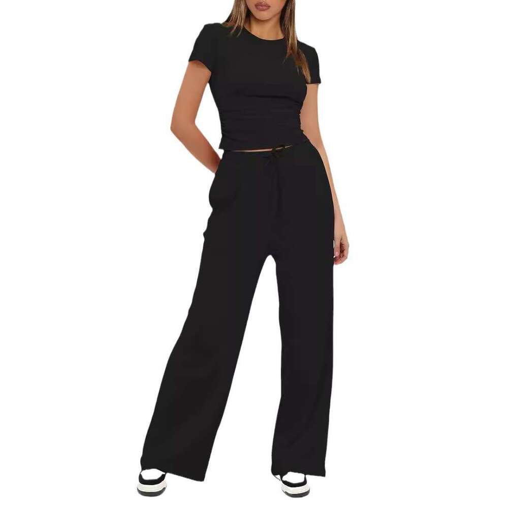 2025 European and American Foreign Trade Women's Two-Piece Casual Set Short Sleeve Top High Waist Wide Leg Pants Sportswear