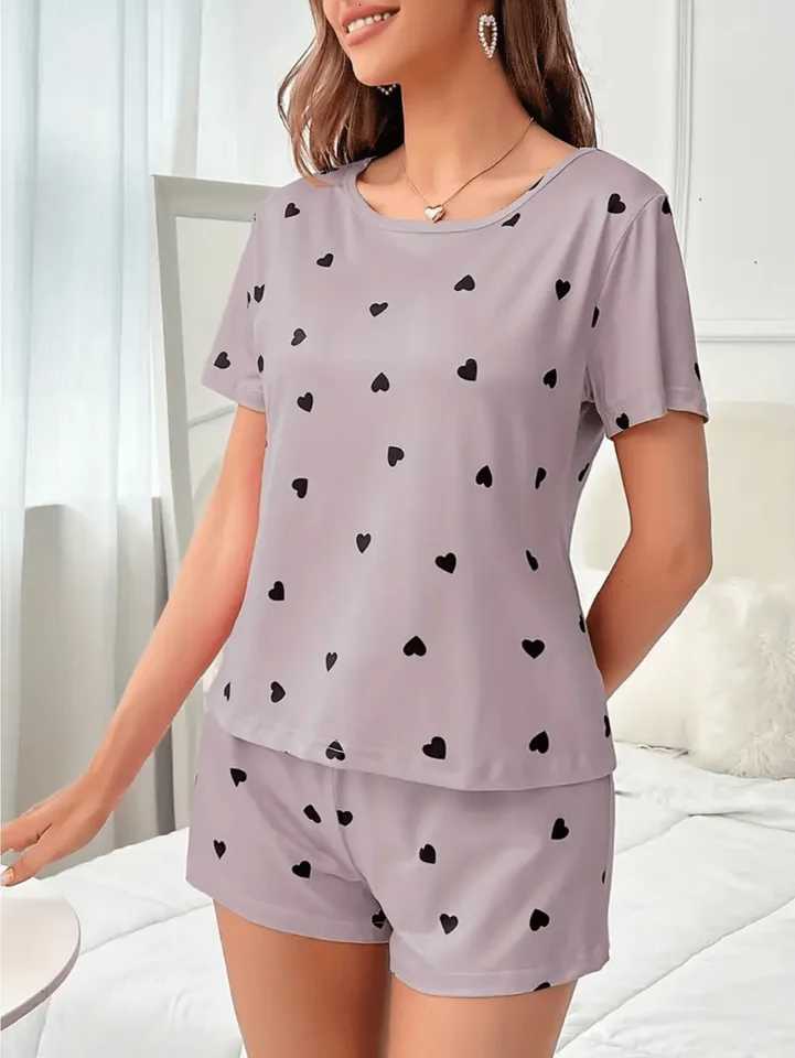 2Piece Womens Love Print Knit Fashionable Soft Short Sleeve and Shorts Sleepwear Set for Comfortable Home Wear Z250925