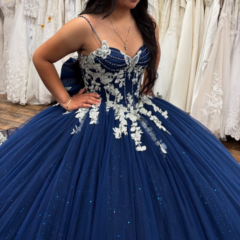 Navy Blue Shiny Quinceanera Dresses Spaghetti Strap Applique Lace Beading Corset Tull Party Birthday Sweet 16 Dress Vestidos 15 De Anos