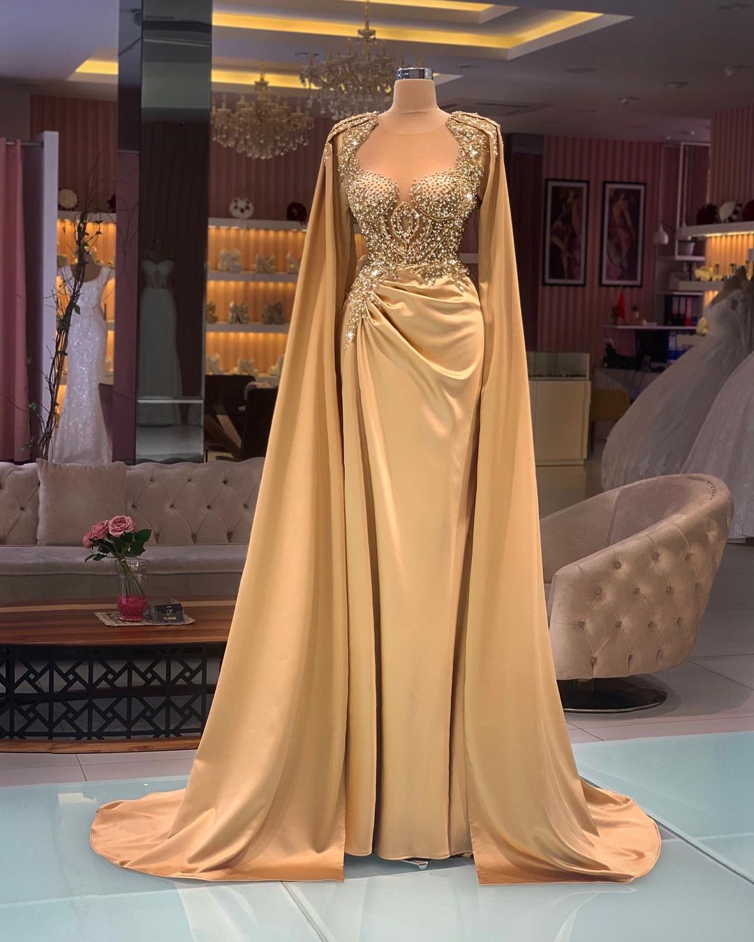 Gold Champagne Arabic Aso Ebi Prom Dresses with Cape Sleeve Jewel Neck Satin Beaded Mermaid Evening Gown Vestidos De Fiesta 9P26