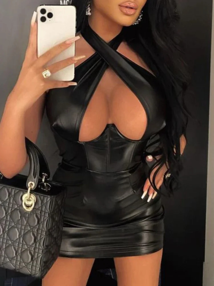 Sexy Off Shoulder Wrap Chest Hollow Out Imitation Leather Bodycon Dress Women Sleeveless Skinny Evening Dress Club Party250922