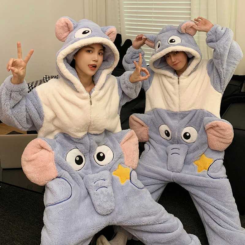 Kigurumis Cute Elephant Winter Thicken Pyjamas Women Men Pajamas Onesie Couples Jumpsuit Hooded Bodysuit Festival Funny Homewear Z250925