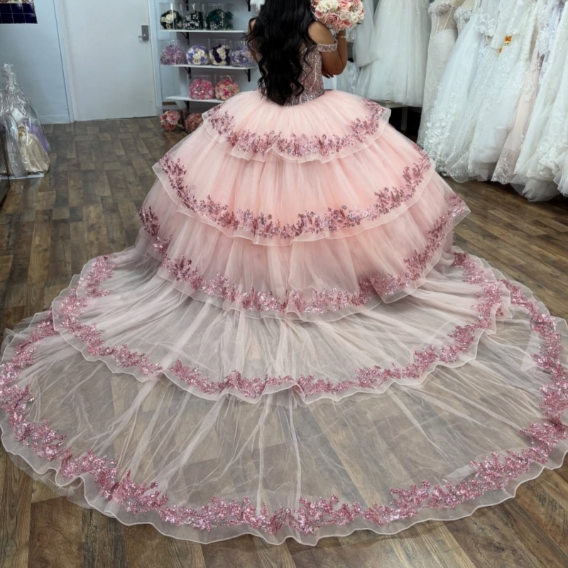 Light Pink Shiny Quinceanera Dresses Off The Shoulder Sequin Applique Lace Beads Corset Tull Party Birthday Sweet 16 Dress Vestidos 15 De Anos