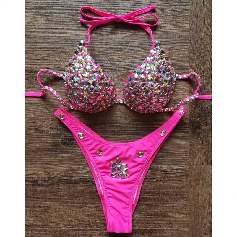 VIKINII Rose Red Crystal Biquinis Sexy Luxury Diamond Bikinis Set Women Rhinestone Swimwear Female Honey Moon Beachwear 240822