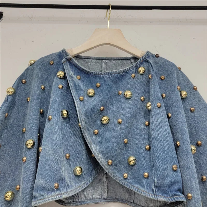Spring Autumn Women Rivets Long Lantern Sleeve Denim Coat Short Pearls Beading Jeans Bomber Jacket Cowboy Cardigan Tops 250922