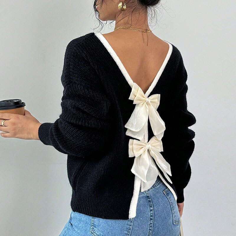 Autumn and Winter New Sweater Women's fashion Back Bow Decoration Round Neck Pullover Knitwear